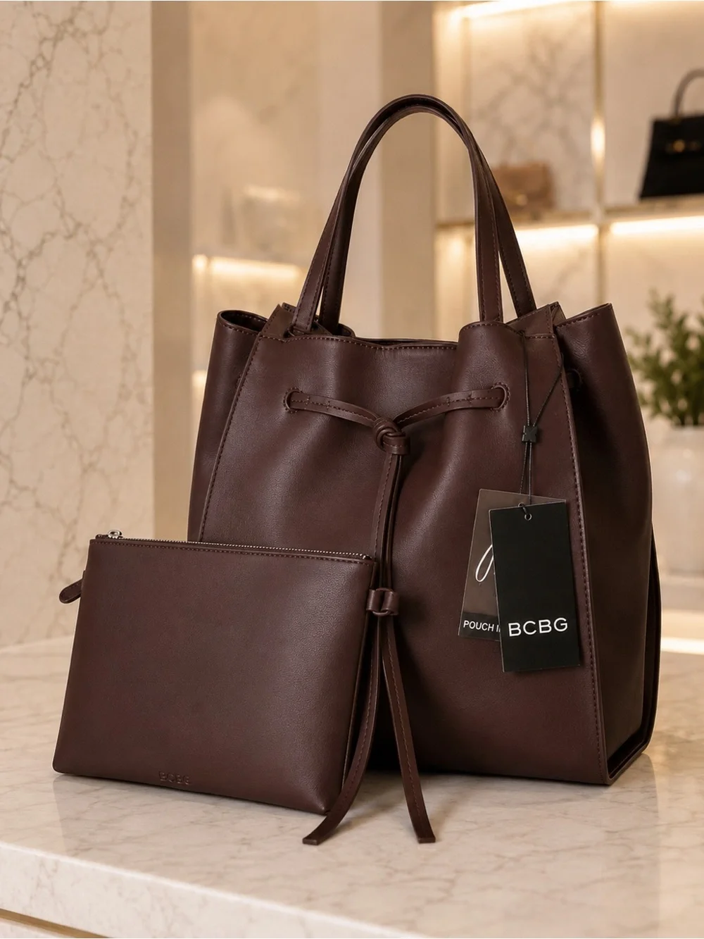 BCBG Chocolate Brown Drawstring Tote Shoulder Bag Pouch NWT $118 MSRP